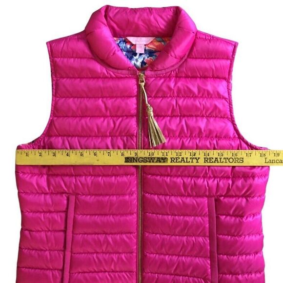 Lilly Pulitzer Cora Down Puffer Vest Womens Size S Pink Ruffle Tassel Zip Pull - Picture 10 of 14